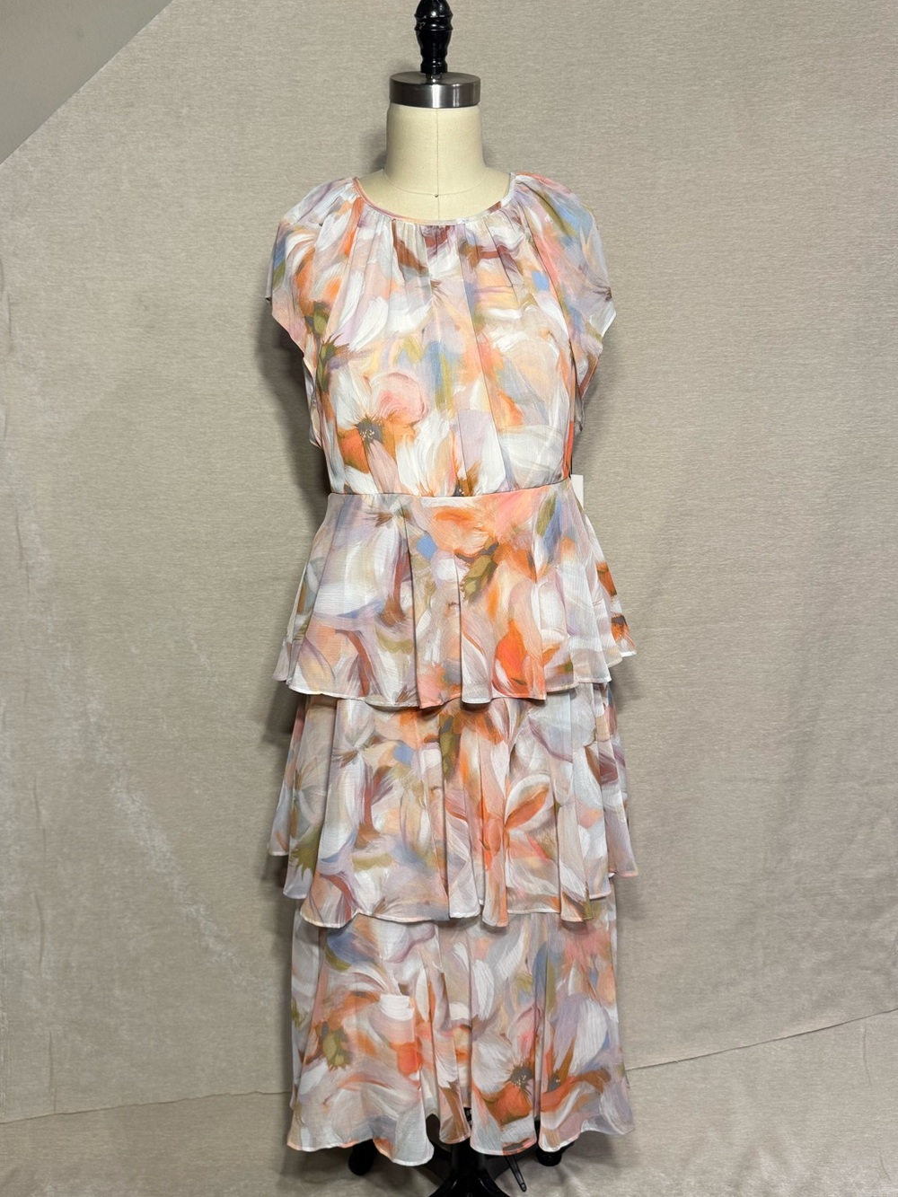 Calvin Klein Pastel Floral Tiered Maxi Dress in Orange and Pink